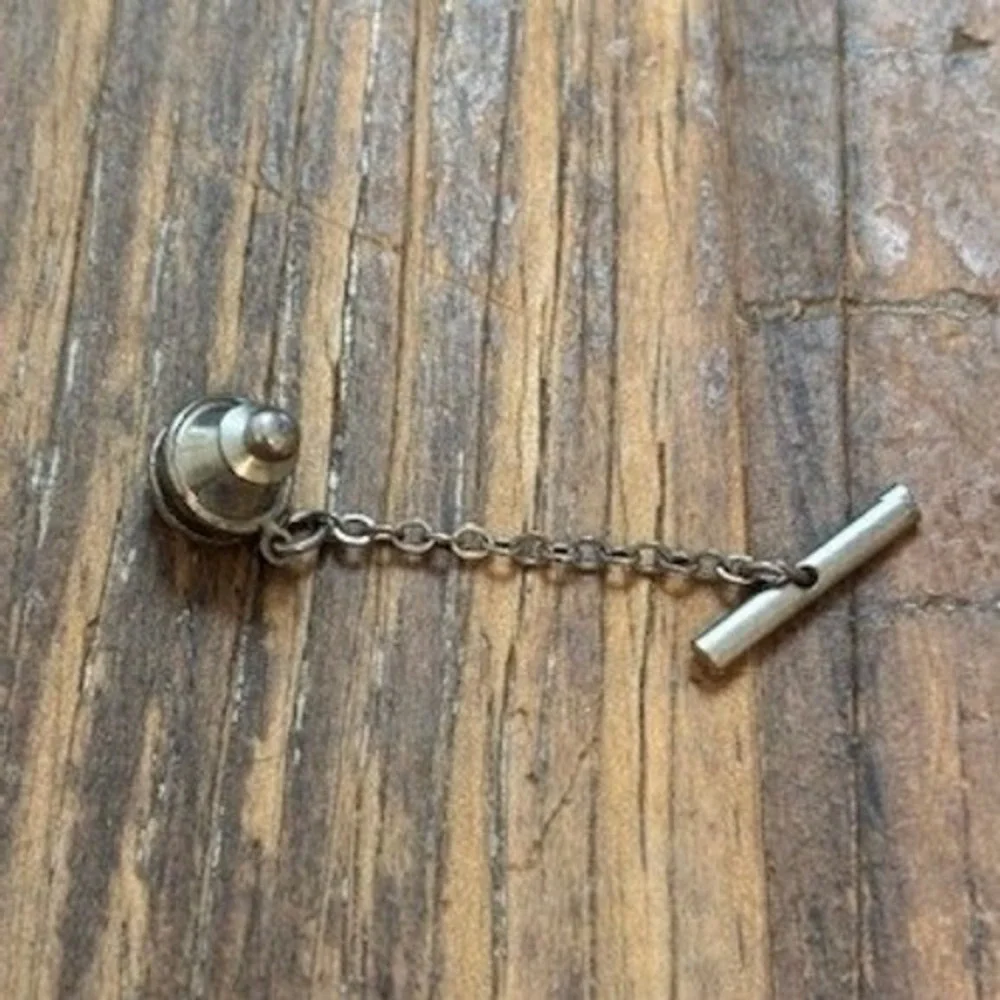 Vtg Silver Tone Rhinestone Tie Tack with Chain and T-Bar Anchor Mens Accessory